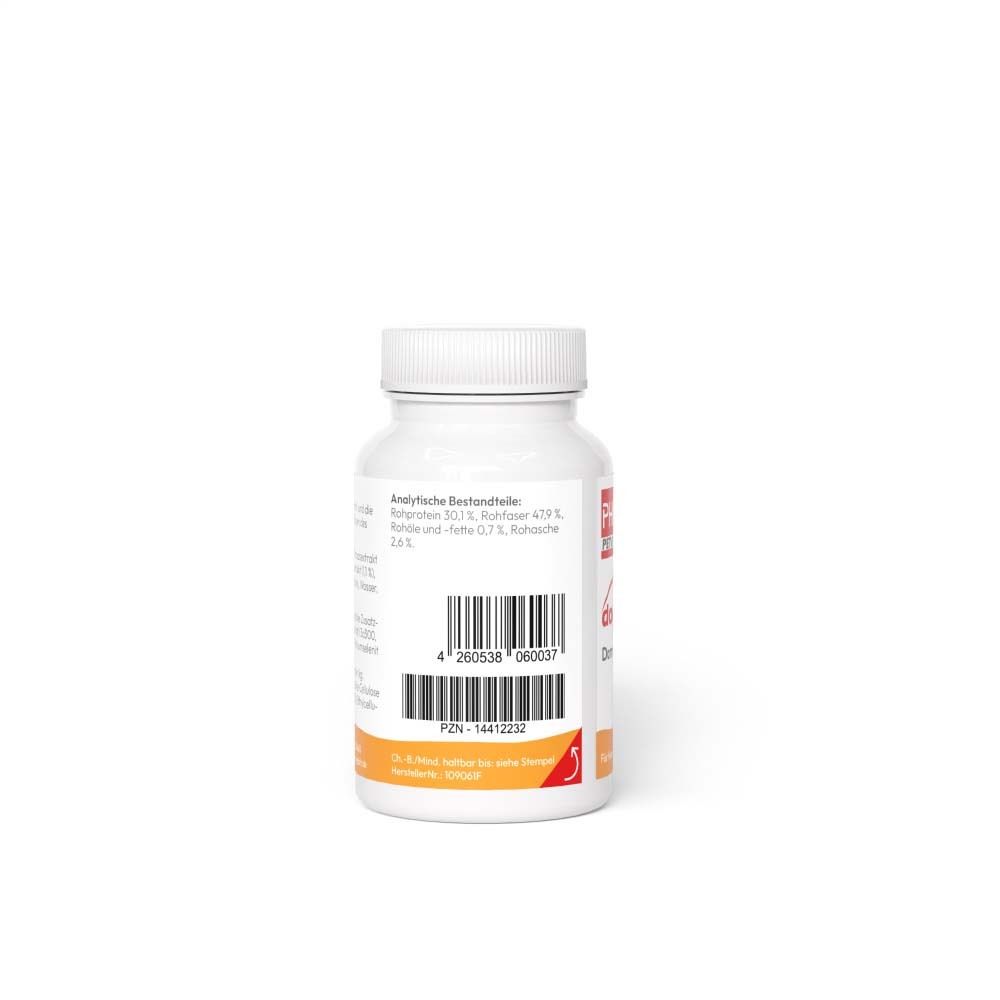 Weiße Pillendose mit Etikett und Barcode. Enthält Inhaltsstoffe und PZN.