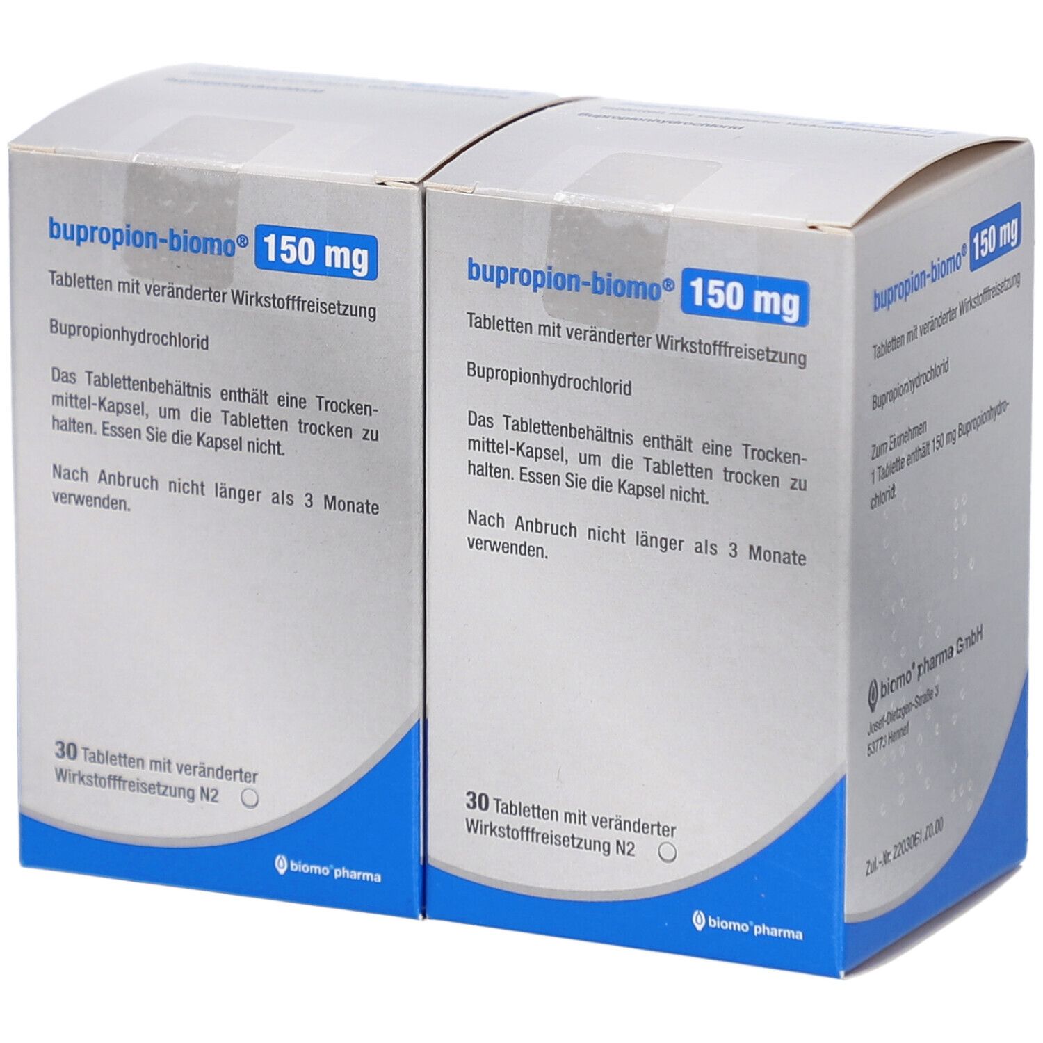 Zwei Schachteln bupropion-biomo® 150 mg. Aufdruck: 30 Tabletten mit veränderter Wirkstofffreisetzung. Text in deutscher Sprache.