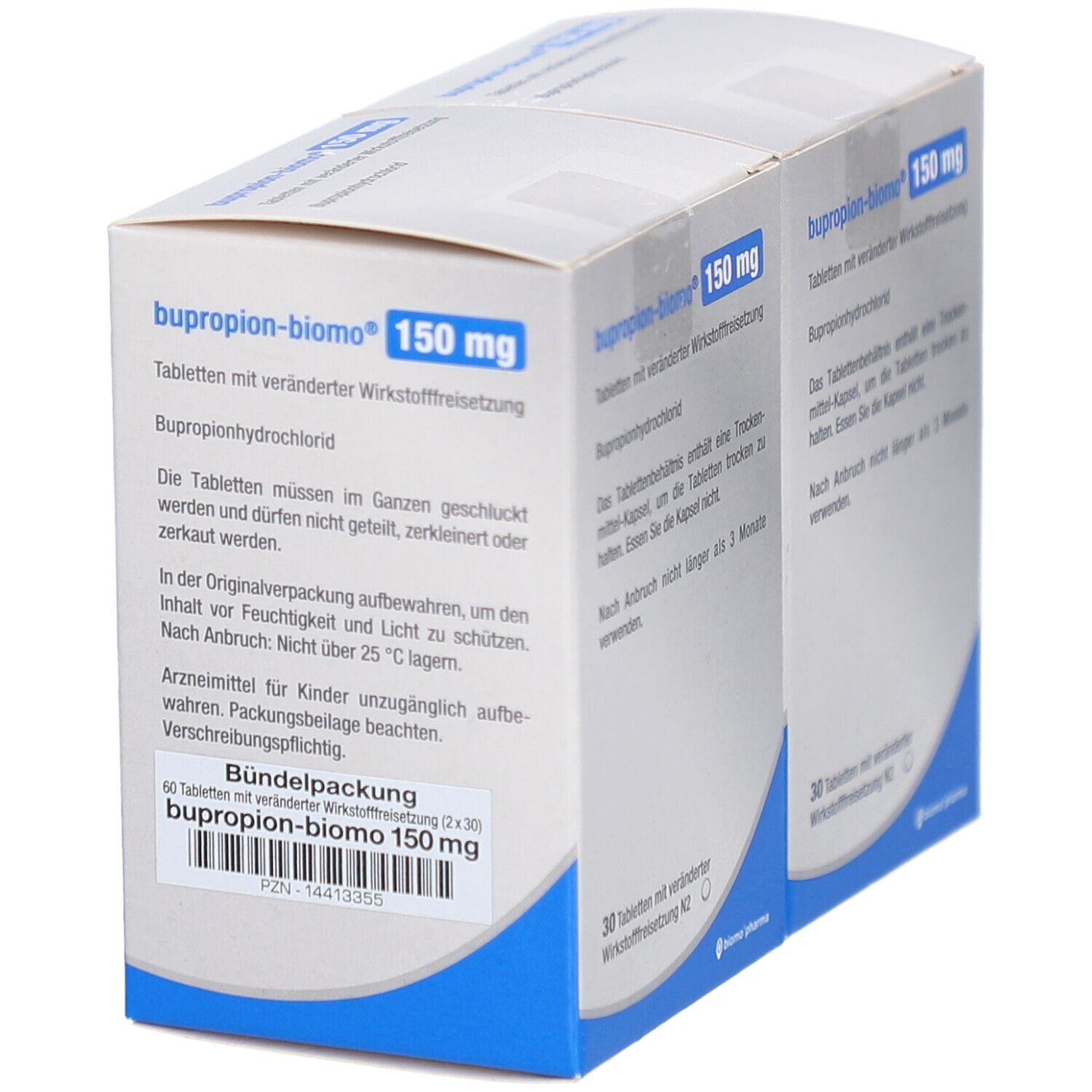 Zwei Packungen bupropion-biomo® 150 mg. Aufdruck: 60 Tabletten. Text in deutscher Sprache. Blaue und weiße Verpackung.