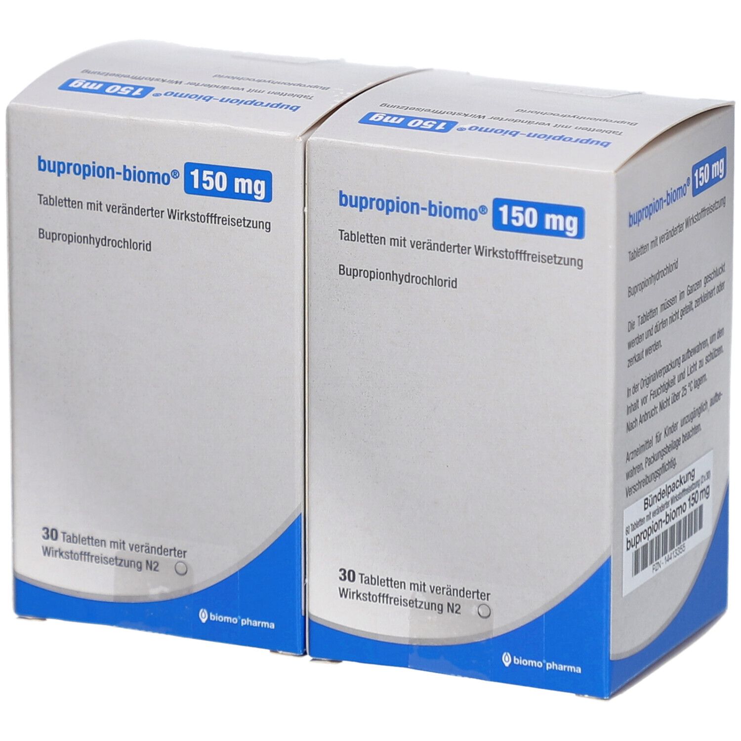 Zwei Schachteln bupropion-biomo® 150 mg. Aufdruck: 30 Tabletten mit veränderter Wirkstofffreisetzung. Text in deutscher Sprache.