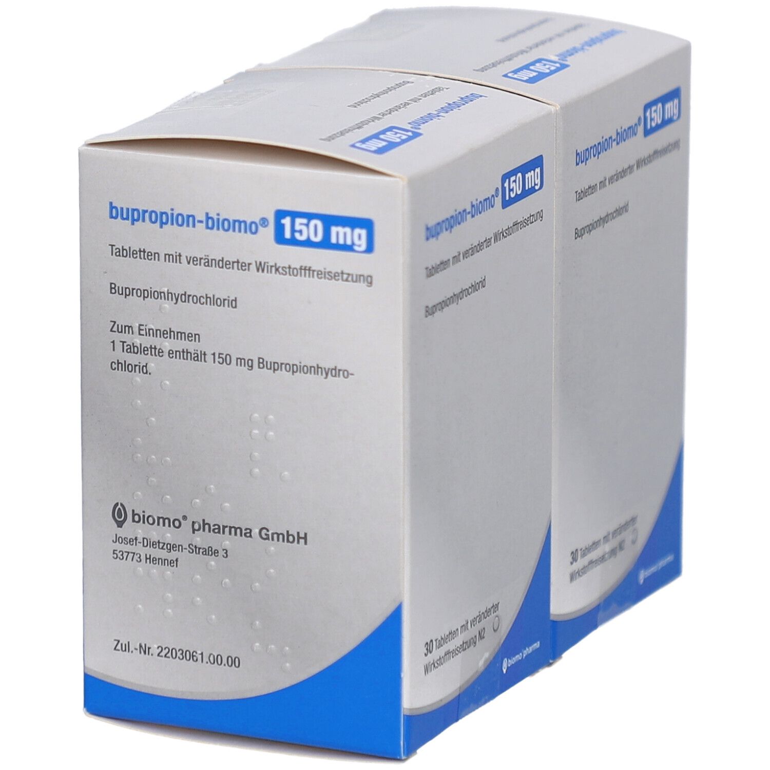 Zwei Schachteln bupropion-biomo® 150 mg. Aufdruck: 30 Tabletten mit veränderter Wirkstofffreisetzung. Text in deutscher Sprache.