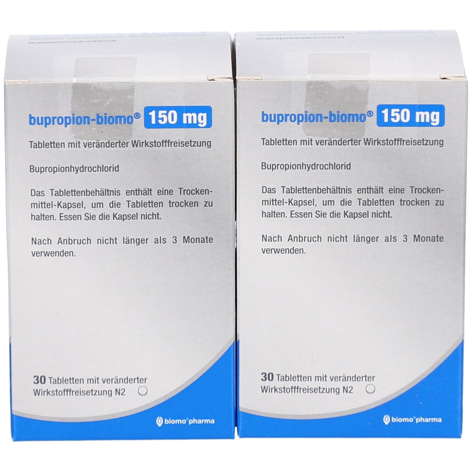 Zwei Schachteln bupropion-biomo® 150 mg. Aufdruck: 30 Tabletten mit veränderter Wirkstofffreisetzung. Text in deutscher Sprache.