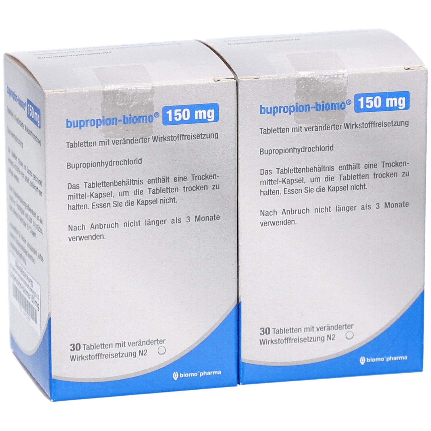 Zwei Schachteln bupropion-biomo® 150 mg. Aufdruck: 30 Tabletten mit veränderter Wirkstofffreisetzung. Text in deutscher Sprache.