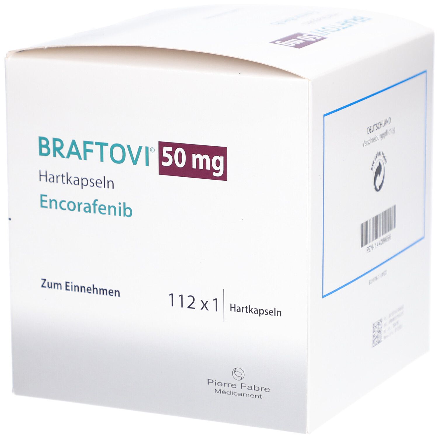 Schachtel mit BRAFTOVI 50 mg Hartkapseln. Aufschrift: 112 x 1 Hartkapseln. Zum Einnehmen. Pierre Fabre Medicament.