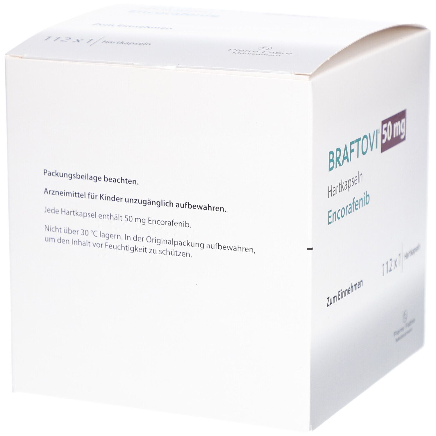 Rückseite der Schachtel mit BRAFTOVI 50 mg Hartkapseln. Text: Packungsbeilage beachten. Für Kinder unzugänglich aufbewahren.