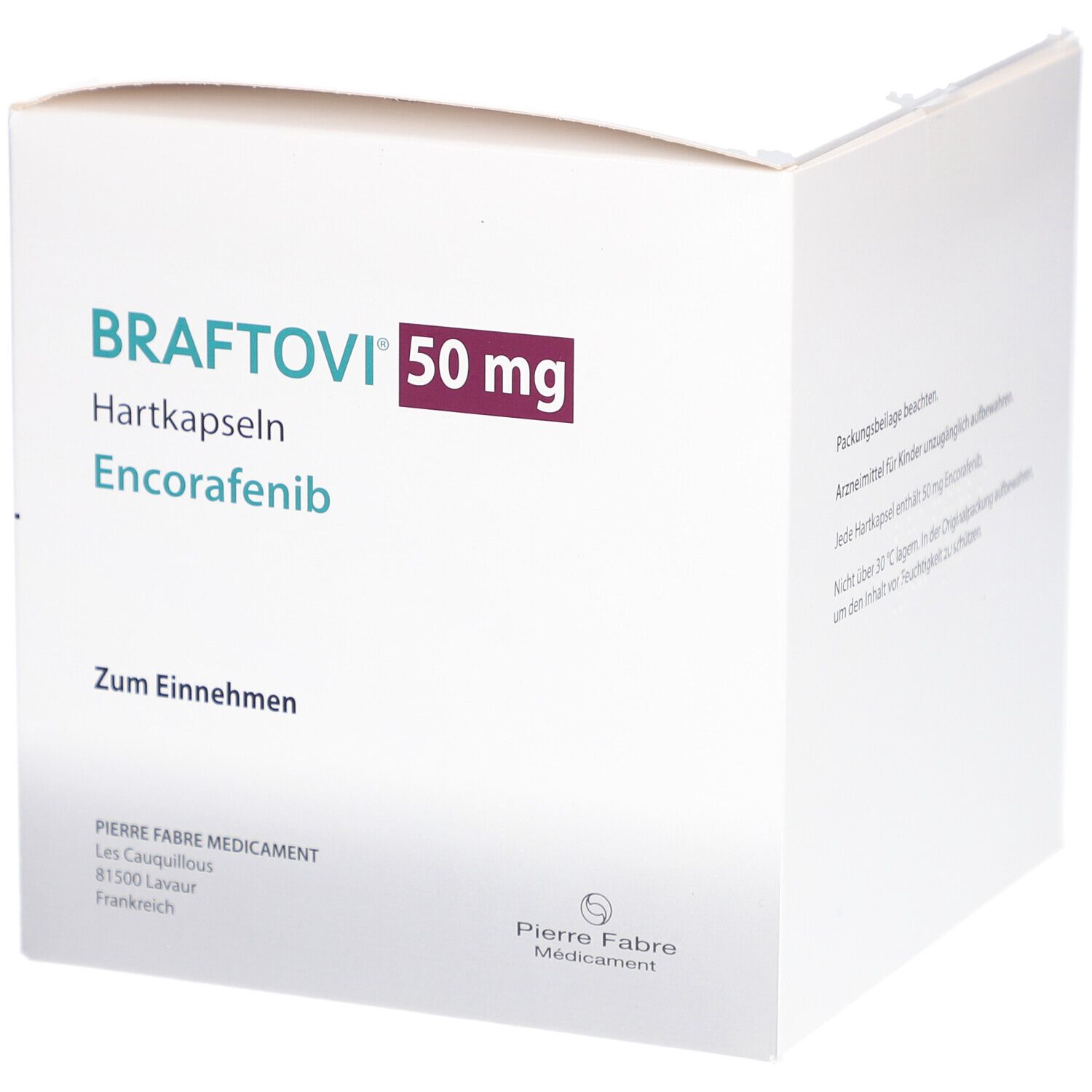 Schachtel mit BRAFTOVI 50 mg Hartkapseln. Aufschrift: Zum Einnehmen. Pierre Fabre Medicament. Les Cauquillous, 81500 Lavaur, Frankreich.