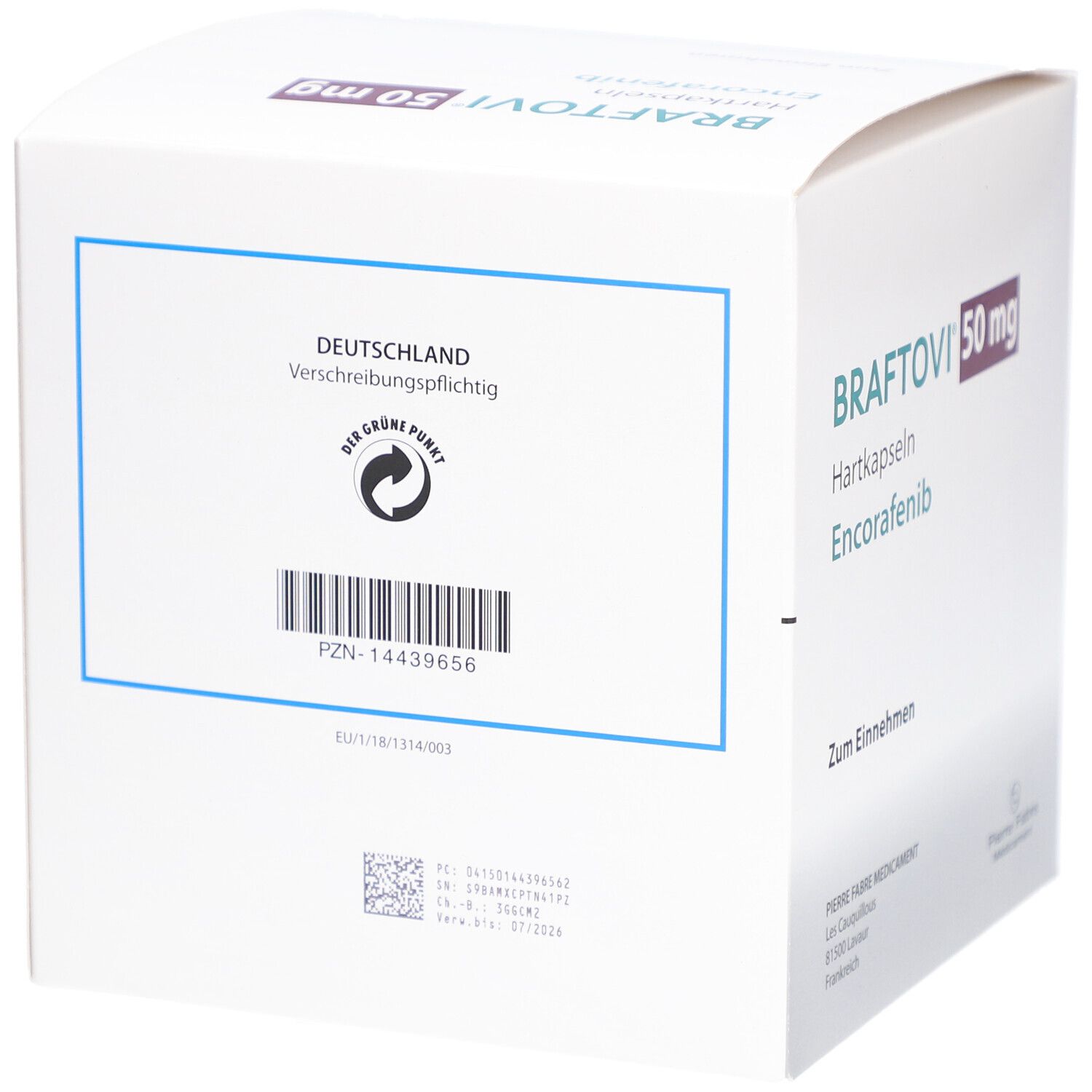 Rückseite der Schachtel mit BRAFTOVI 50 mg Hartkapseln. Text: Deutschland. Verschreibungspflichtig. Der Grüne Punkt. PZN-14439656.