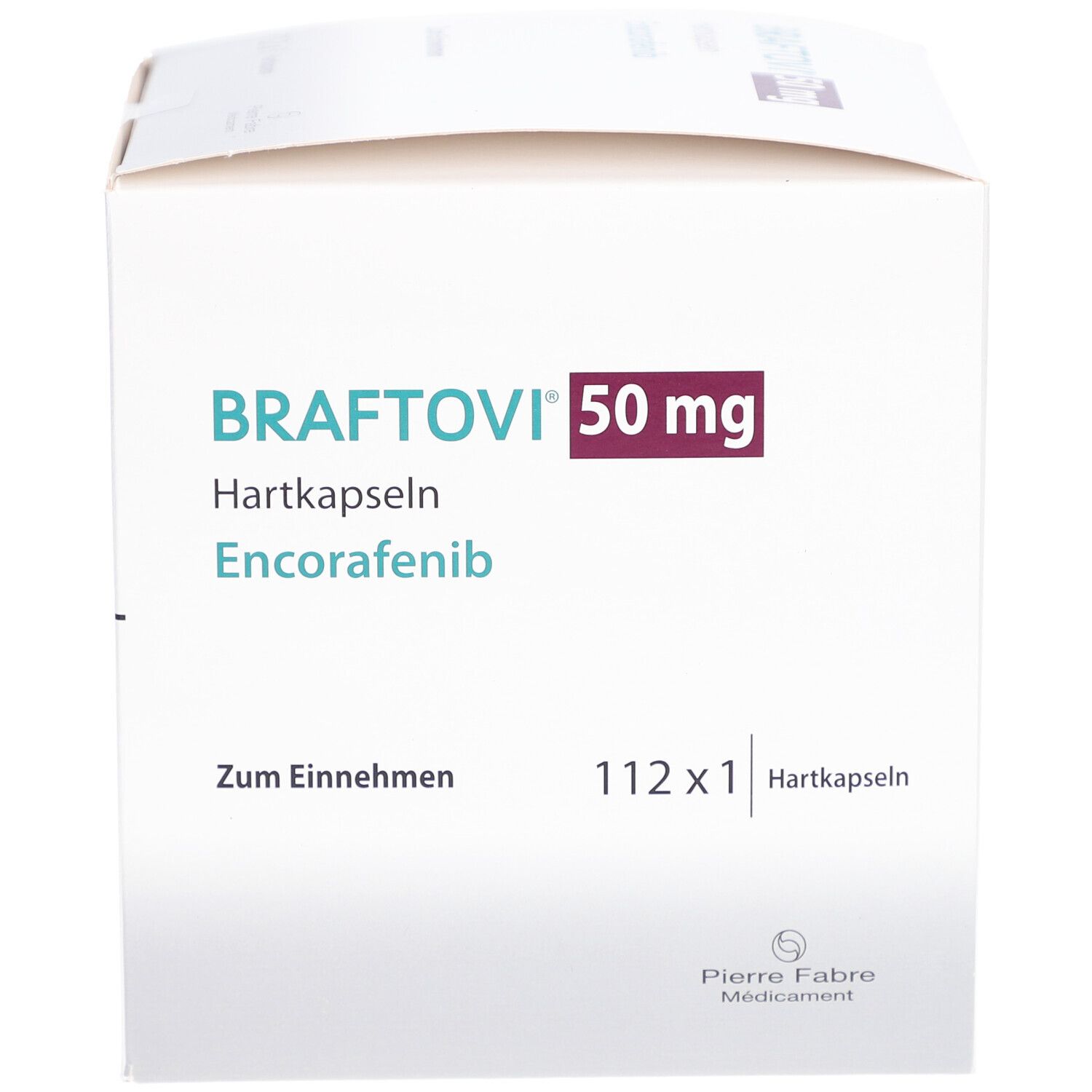 Schachtel mit BRAFTOVI 50 mg Hartkapseln. Aufschrift: 112 x 1 Hartkapseln. Zum Einnehmen. Pierre Fabre Medicament.