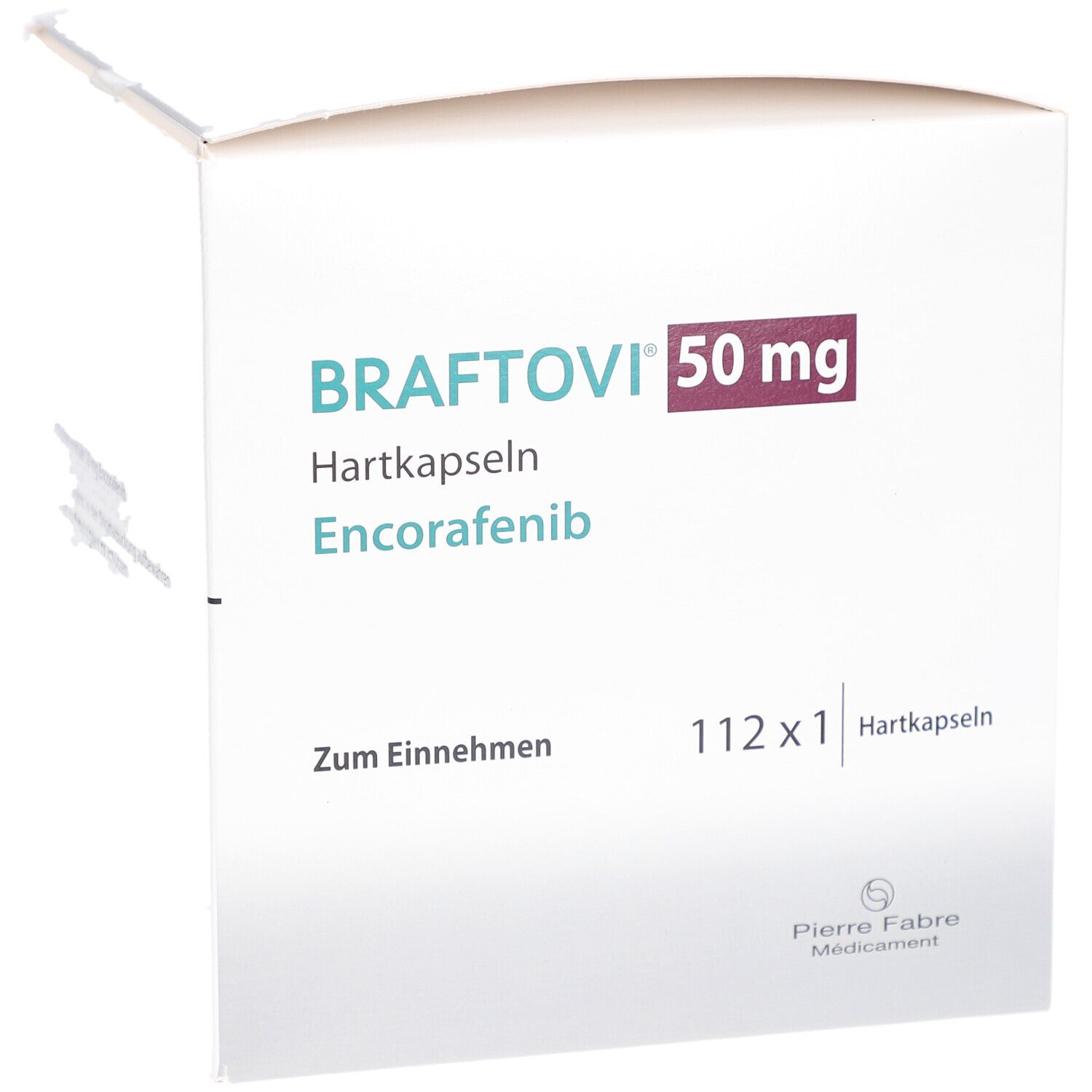 Schachtel mit BRAFTOVI 50 mg Hartkapseln. Aufschrift: 112 x 1 Hartkapseln. Zum Einnehmen.