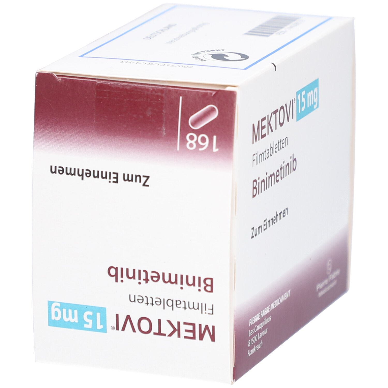 Medikamentenbox mit MEKTOVI 15 mg, Filmtabletten, Binimetinib. Zum Einnehmen. Abbildung einer Tablette. 168 Tabletten.