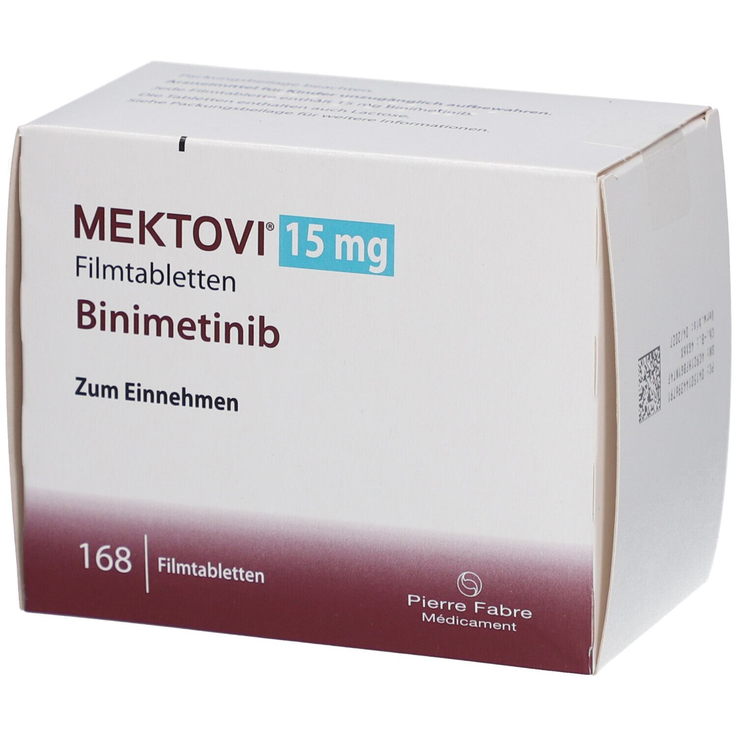 Weiße Medikamentenbox mit MEKTOVI 15 mg, Filmtabletten, Binimetinib. Zum Einnehmen. 168 Tabletten.