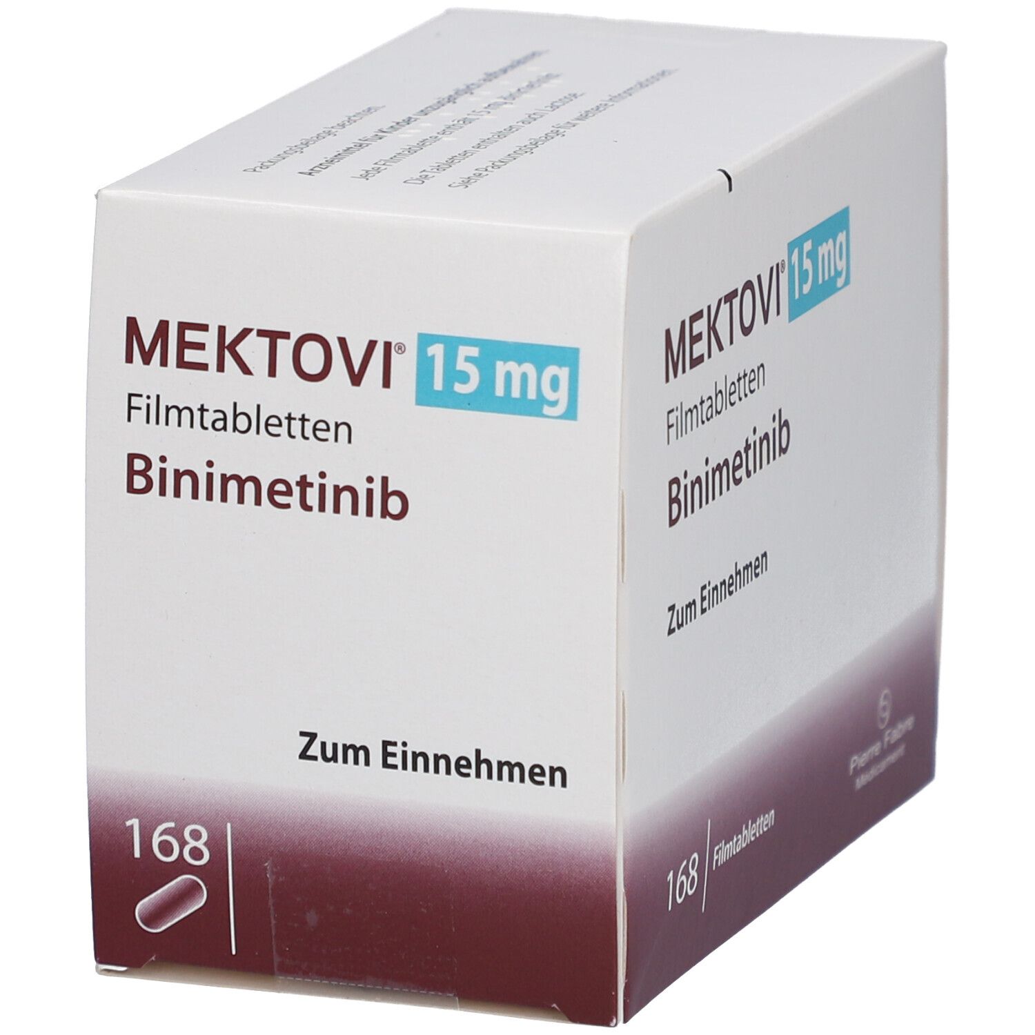 Medikamentenbox mit MEKTOVI 15 mg, Filmtabletten, Binimetinib. Zum Einnehmen. Abbildung einer Tablette. 168 Tabletten.