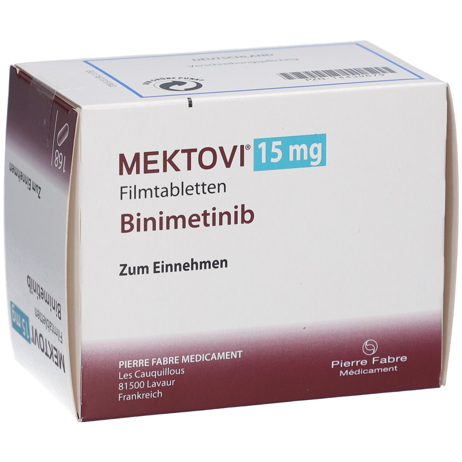 Medikamentenbox mit MEKTOVI 15 mg, Filmtabletten, Binimetinib. Zum Einnehmen. Abbildung einer Tablette. Pierre Fabre.