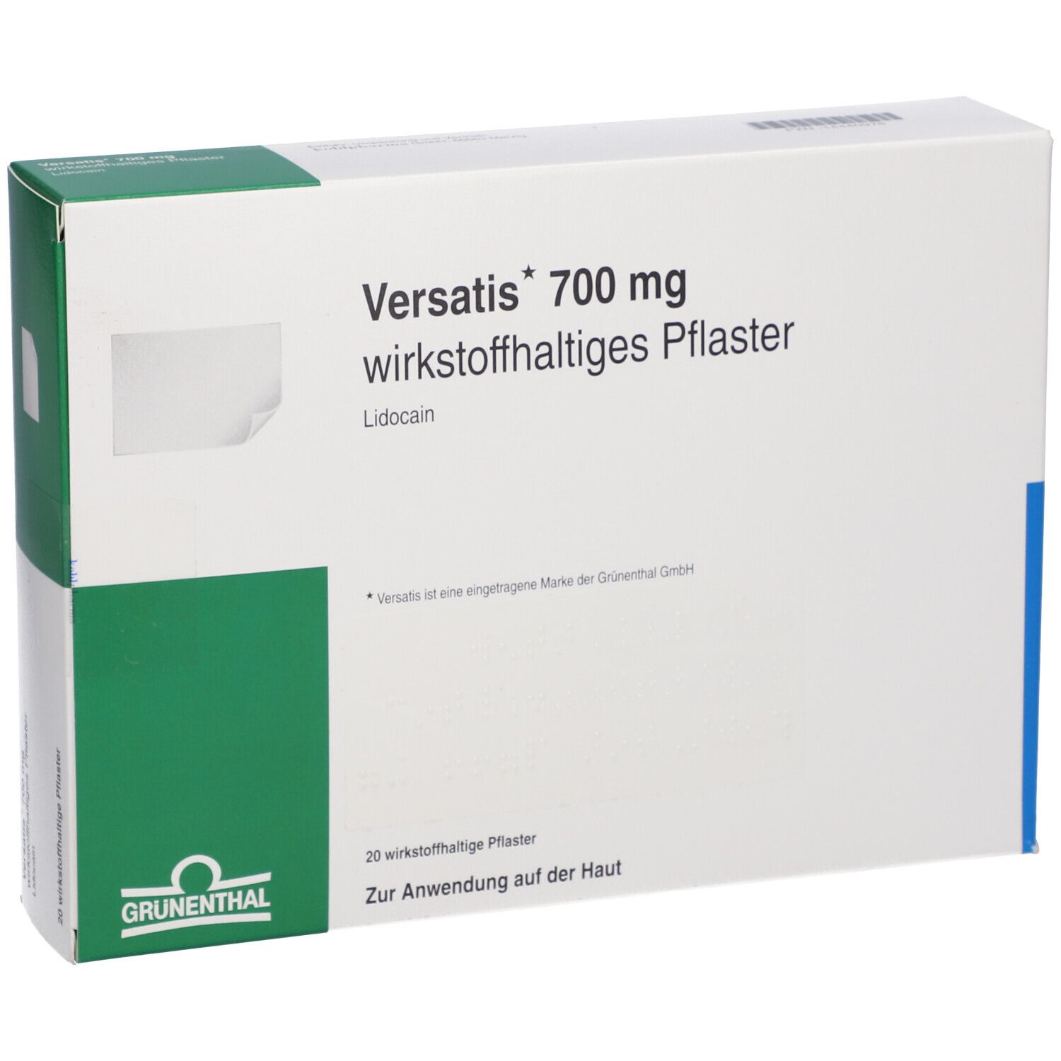 Verpackung von Versatis 700 mg wirkstoffhaltiges Pflaster mit Lidocain, 20 Stück.