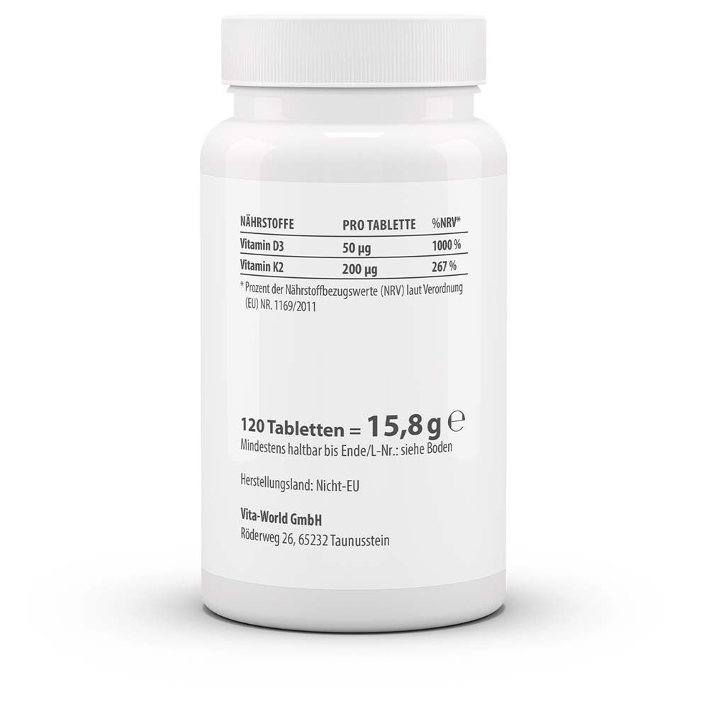 Rückseite der weißen Flasche. Nährstoffangaben pro Tablette. 120 Tabletten = 15,8 g. Mindesthaltbarkeit. Hersteller.