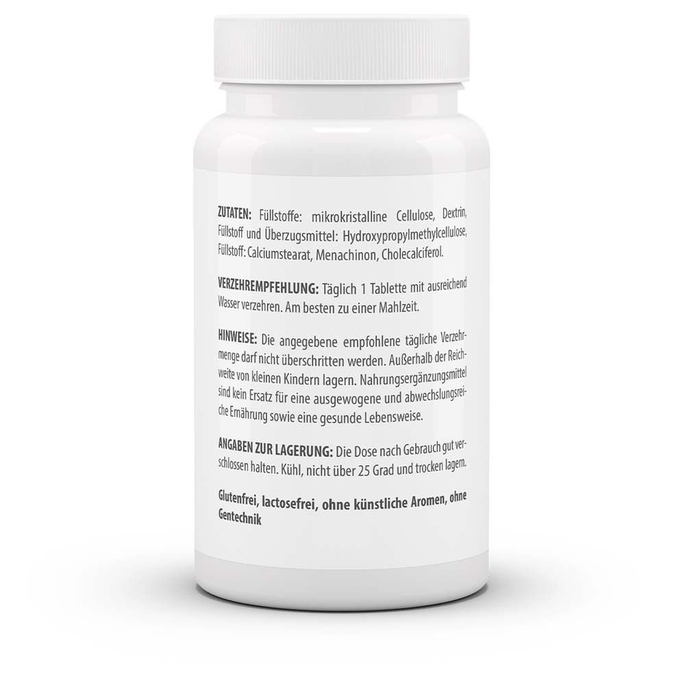 Rückseite der weißen Flasche. Zutaten, Verzehrempfehlung, Hinweise, Angaben zur Lagerung. Glutenfrei, lactosefrei.