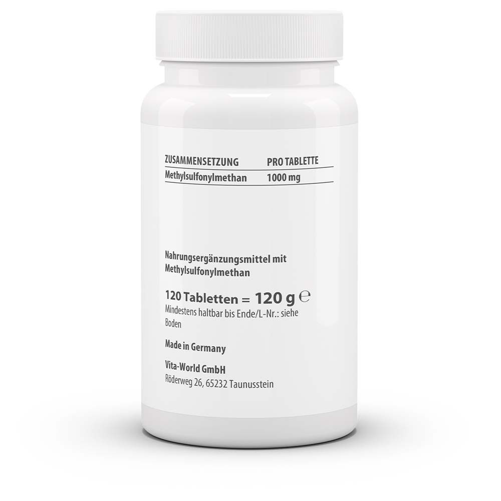 Rückseite der weißen Flasche. Enthält Informationen zu Inhaltsstoffen, Dosierung und Hersteller. 120 Tabletten = 120 g.