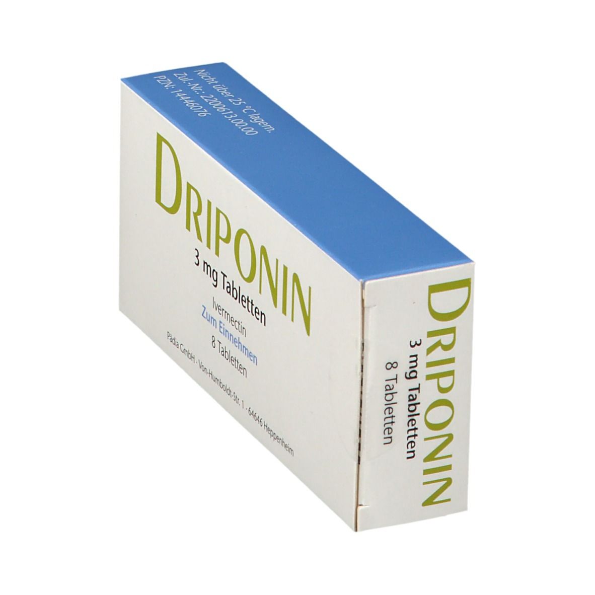 Schachtel Driponin 3 mg Tabletten. Aufschrift: Ivermectin, 8 Tabletten. Blaue und weiße Verpackung, schräg.