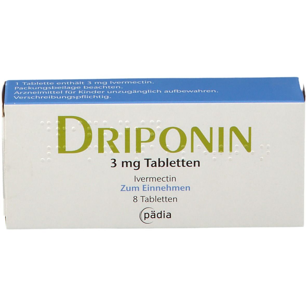Schachtel Driponin 3 mg Tabletten. Aufschrift: Ivermectin, 8 Tabletten. Blaue und weiße Verpackung. Brailleschrift.