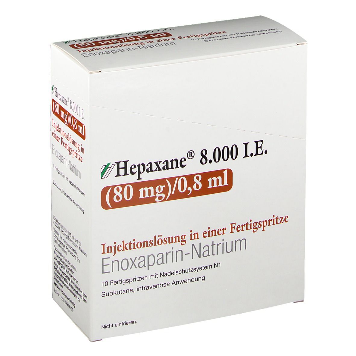 Weißer Karton mit roter und grüner Beschriftung. Hepaxane 8.000 I.E. (80 mg)/0,8 ml. Injektionslösung in Fertigspritze. Enoxaparin-Natrium.