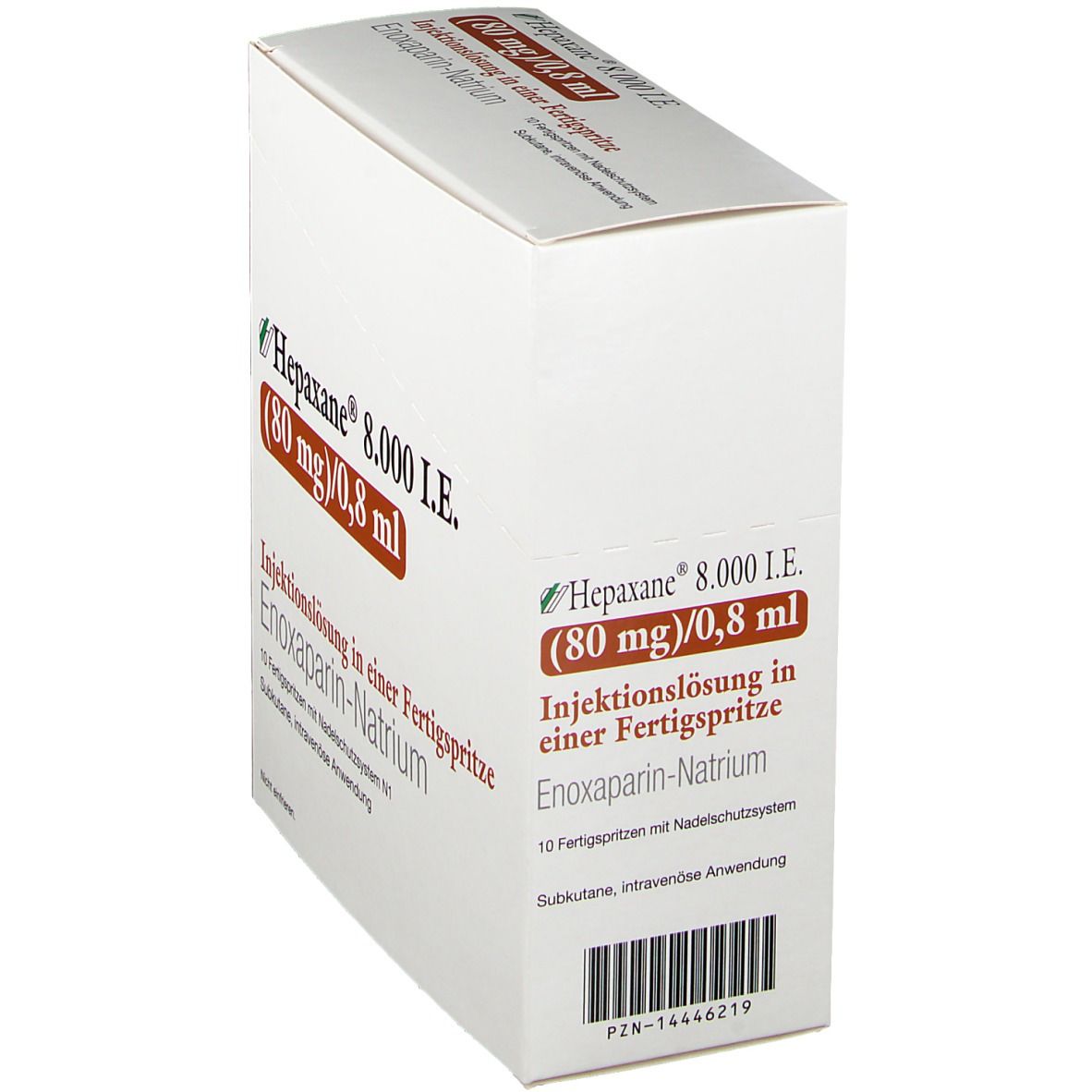 Weißer Karton, Hepaxane 8.000 I.E. (80 mg)/0,8 ml. Injektionslösung in Fertigspritze. Enoxaparin-Natrium. Ansicht von der Seite.