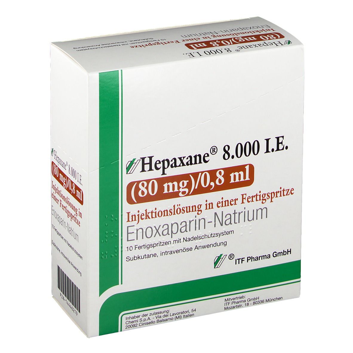 Weißer Karton, Hepaxane 8.000 I.E. (80 mg)/0,8 ml. Injektionslösung in Fertigspritze. Enoxaparin-Natrium. Ansicht von schräg oben.