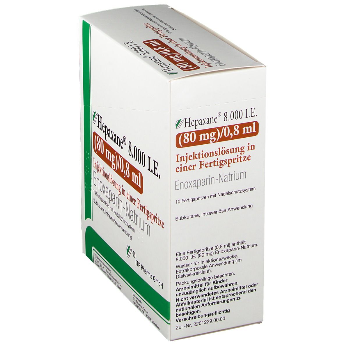 Weißer Karton, Hepaxane 8.000 I.E. (80 mg)/0,8 ml. Injektionslösung in Fertigspritze. Enoxaparin-Natrium. Ansicht von schräg oben.