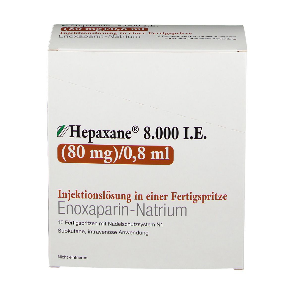 Weißer Karton, Hepaxane 8.000 I.E. (80 mg)/0,8 ml. Injektionslösung in Fertigspritze. Enoxaparin-Natrium. Frontansicht.