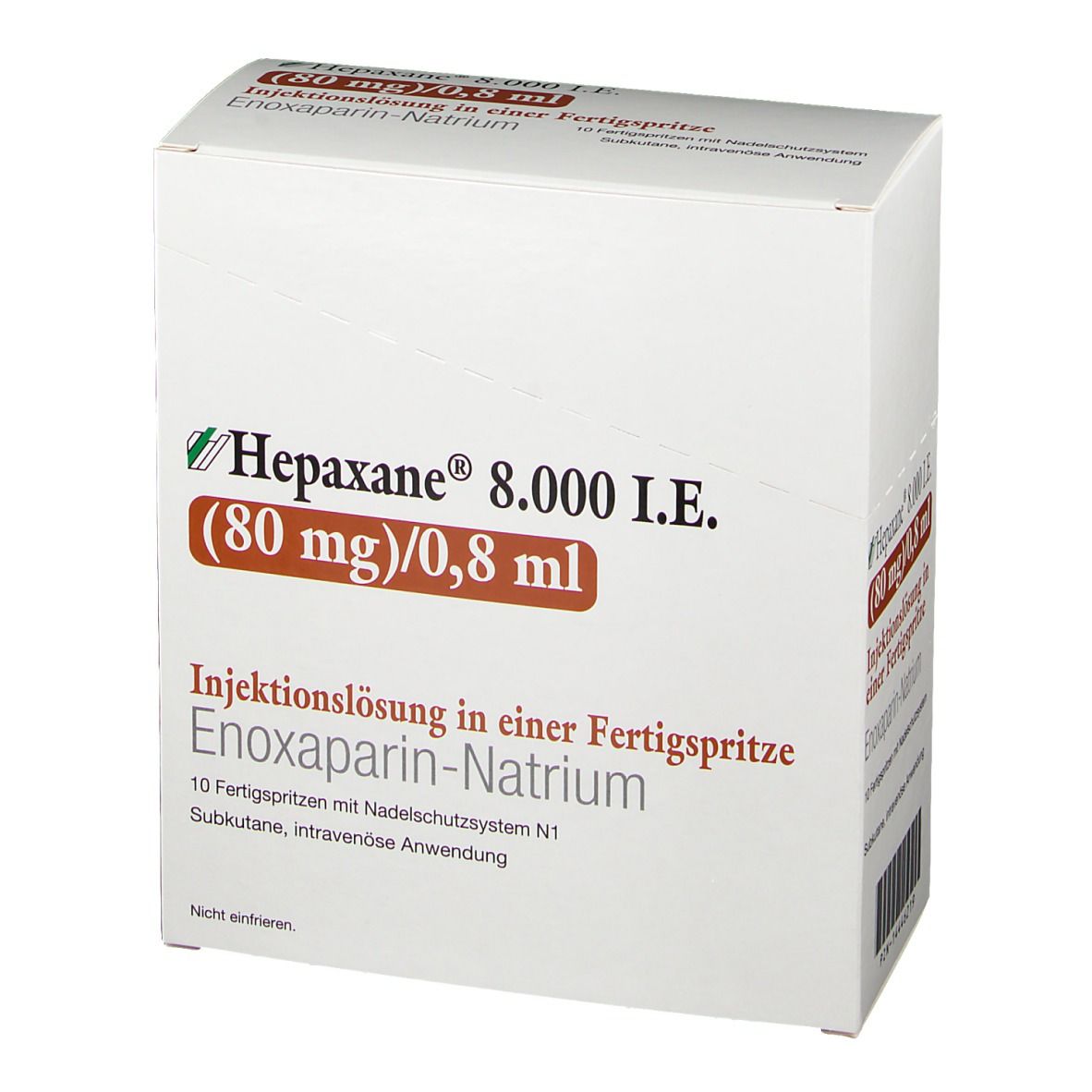 Weißer Karton, Hepaxane 8.000 I.E. (80 mg)/0,8 ml. Injektionslösung in Fertigspritze. Enoxaparin-Natrium. Frontansicht.