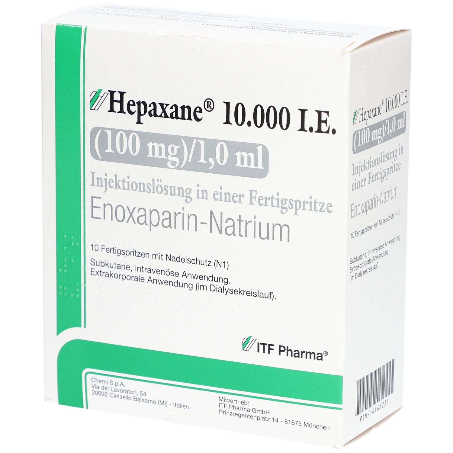 Schachtel mit Hepaxane 10.000 I.E. Aufschrift: Injektionslösung in Fertigspritze, Enoxaparin-Natrium. 10 Fertigspritzen mit Nadelschutz.