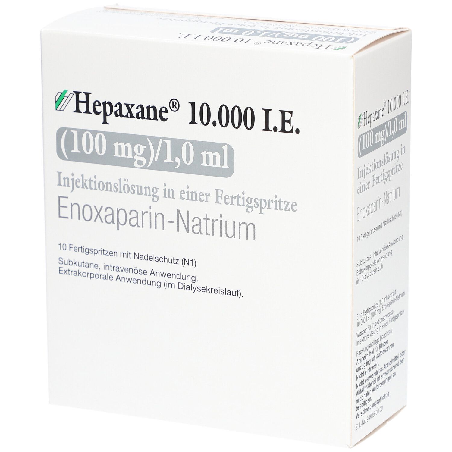 Schachtel Hepaxane 10.000 I.E. Aufschrift: Injektionslösung in Fertigspritze, Enoxaparin-Natrium. 10 Fertigspritzen mit Nadelschutz. Weiß, grün.
