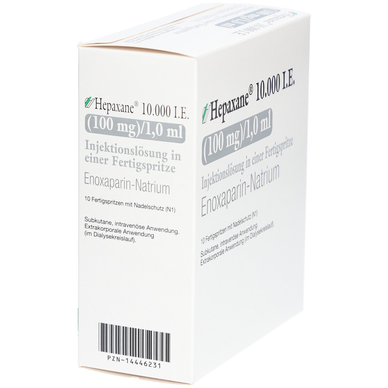 Schachtel Hepaxane 10.000 I.E. Aufschrift: Injektionslösung in Fertigspritze, Enoxaparin-Natrium. 10 Fertigspritzen mit Nadelschutz. Barcode.