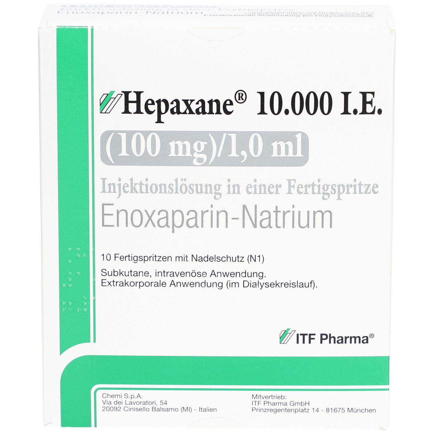 Schachtel Hepaxane 10.000 I.E. Aufschrift: Injektionslösung in Fertigspritze, Enoxaparin-Natrium. ITF Pharma Logo. Weiß, grün.
