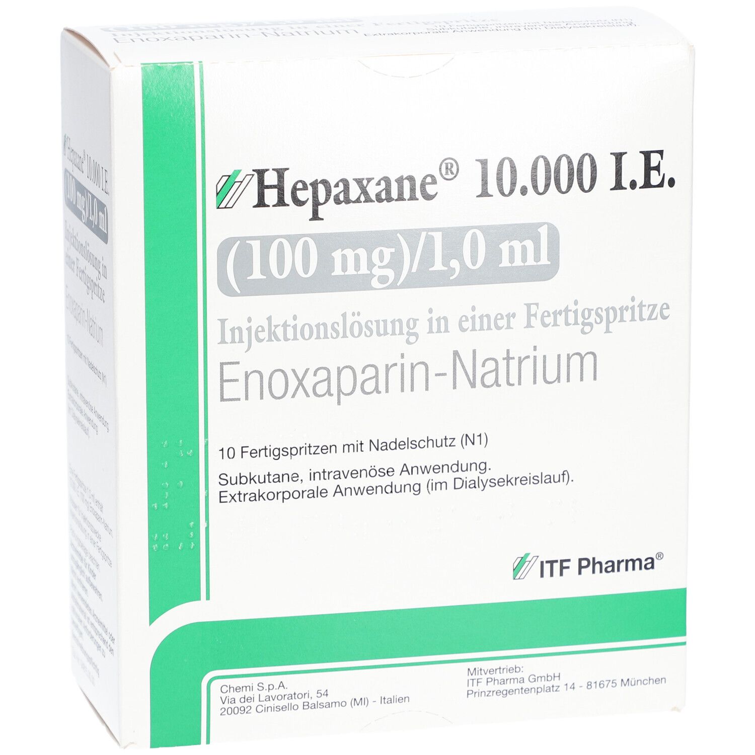 Schachtel Hepaxane 10.000 I.E. Aufschrift: Injektionslösung in Fertigspritze, Enoxaparin-Natrium. ITF Pharma Logo. Weiß, grün.