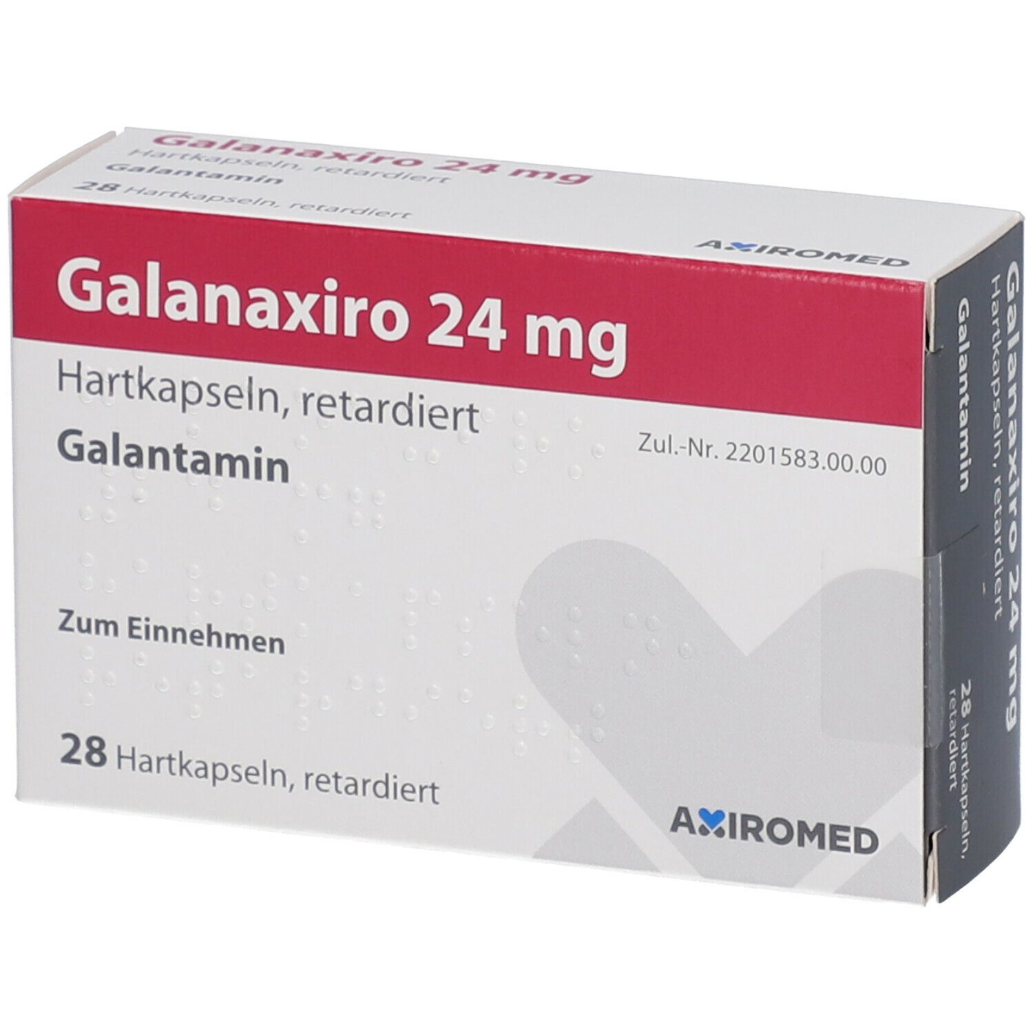 Schachtel mit Galanaxiro 24 mg Hartkapseln. Rote und weiße Farbgebung. Text: Galantamin, 28 Hartkapseln, retardiert.
