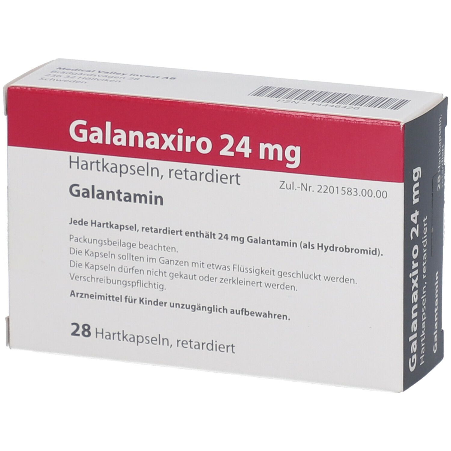 Galanaxiro 24 mg Schachtel, Hartkapseln, retardiert. Text: Galantamin, 28 Hartkapseln, retardiert. Beipackzettel-Text sichtbar.