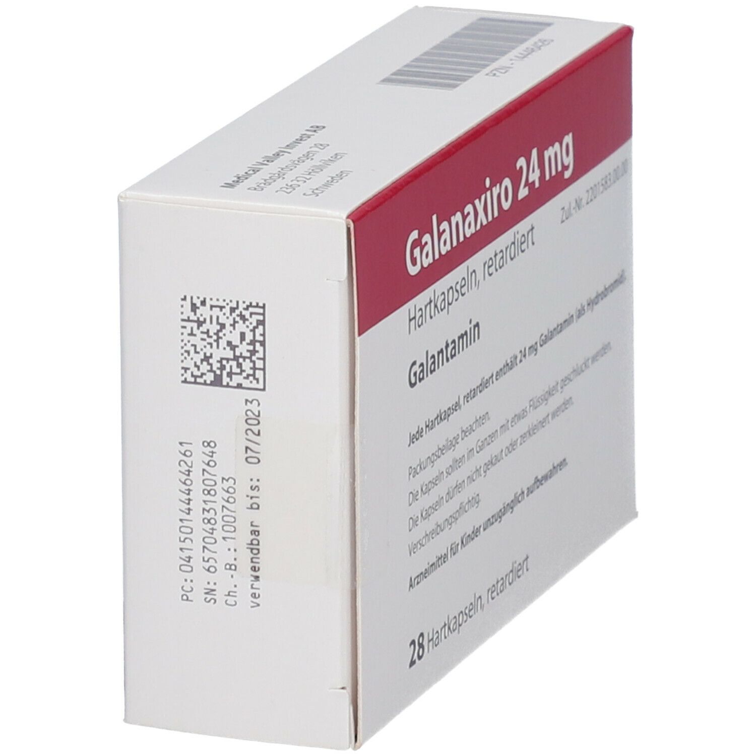 Galanaxiro 24 mg Schachtel, Hartkapseln, retardiert. Weiße Schachtel mit rotem Deckel. Text: Galantamin, 28 Hartkapseln, retardiert.