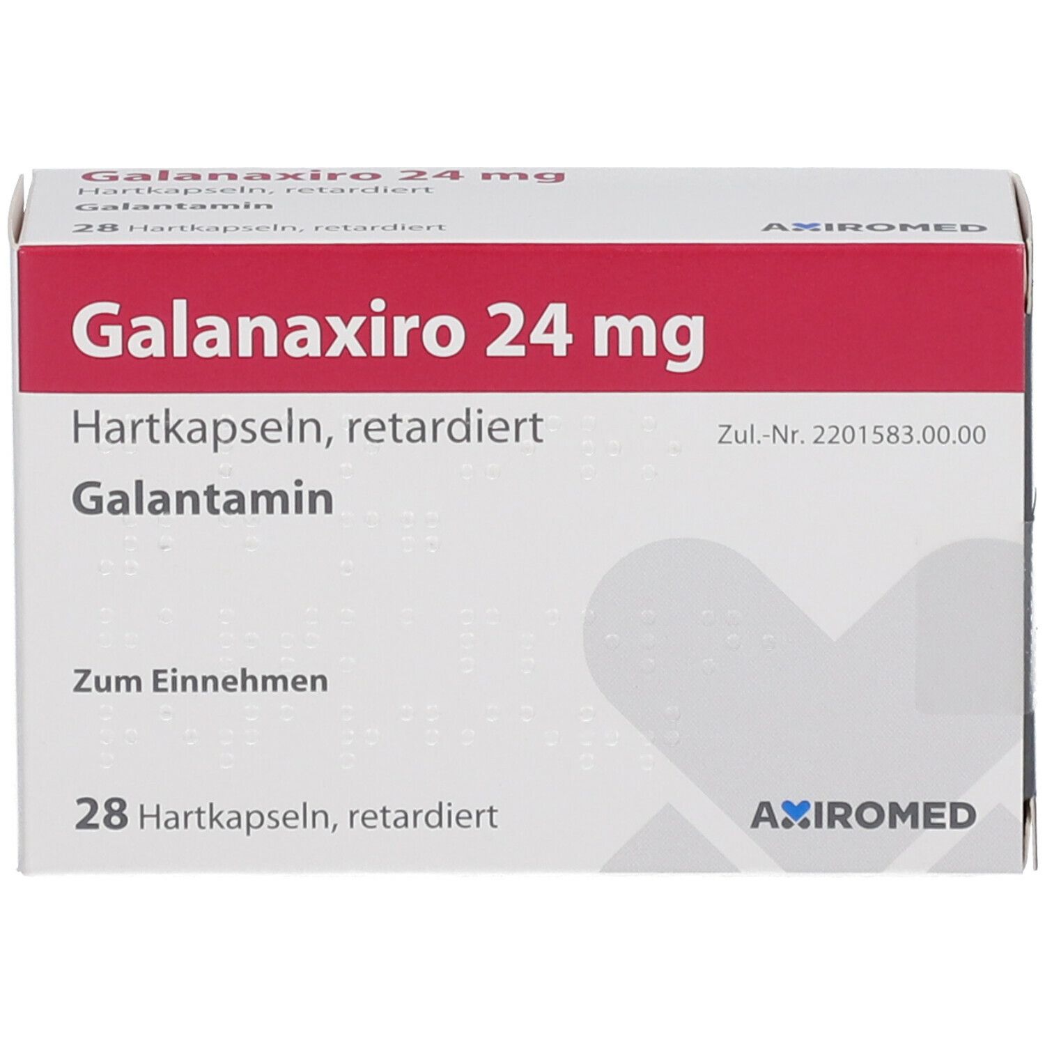 Galanaxiro 24 mg Schachtel, Hartkapseln, retardiert. Rote und weiße Farbgebung. Text: Galantamin, 28 Hartkapseln, retardiert.