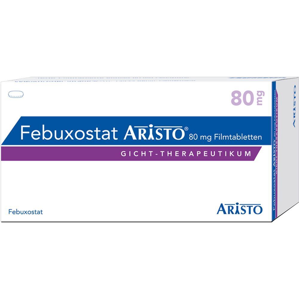 Aristo-Verpackung mit der Aufschrift Febuxostat Aristo 80 mg Filmtabletten. Gicht-Therapeutikum. Logo von Aristo.