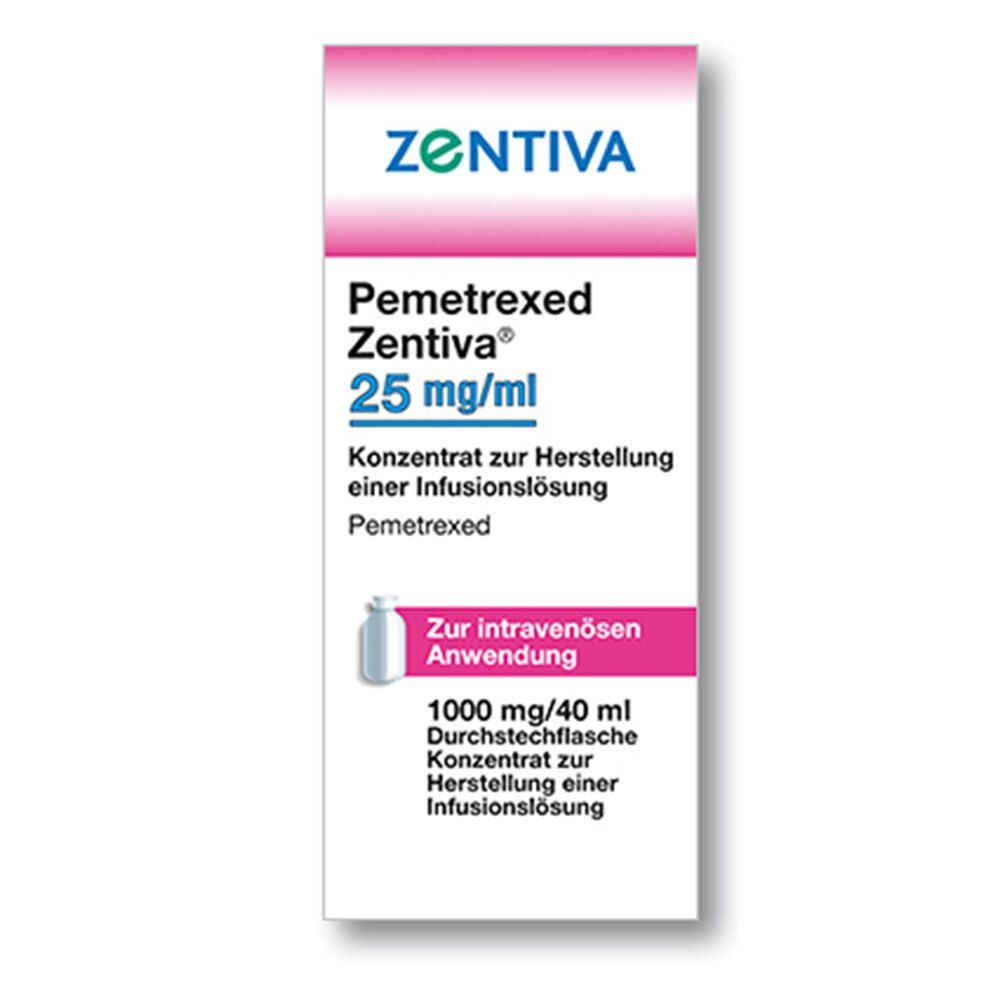 Verpackung von Pemetrexed Zentiva. Aufschrift: 25 mg/ml, Konzentrat zur Herstellung einer Infusionslösung. Marke: Zentiva.