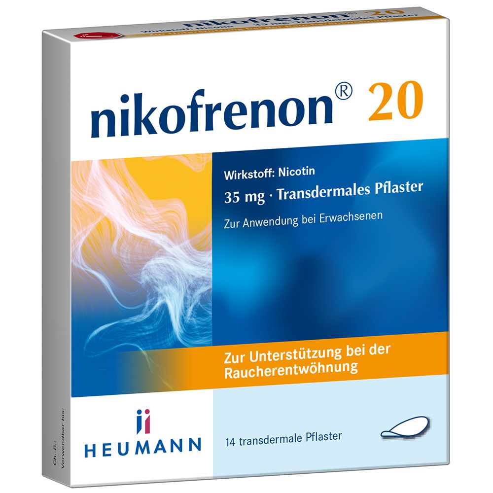 Schachtel nikofrenon® 20. Aufschrift: 35 mg transdermales Pflaster. 14 Pflaster. Heumann Logo.