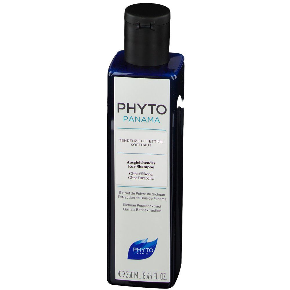 Dunkelblaue Flasche mit schwarzem Deckel. Aufschrift PHYTO PANAMA. Text in weißer Schrift. 250ml.