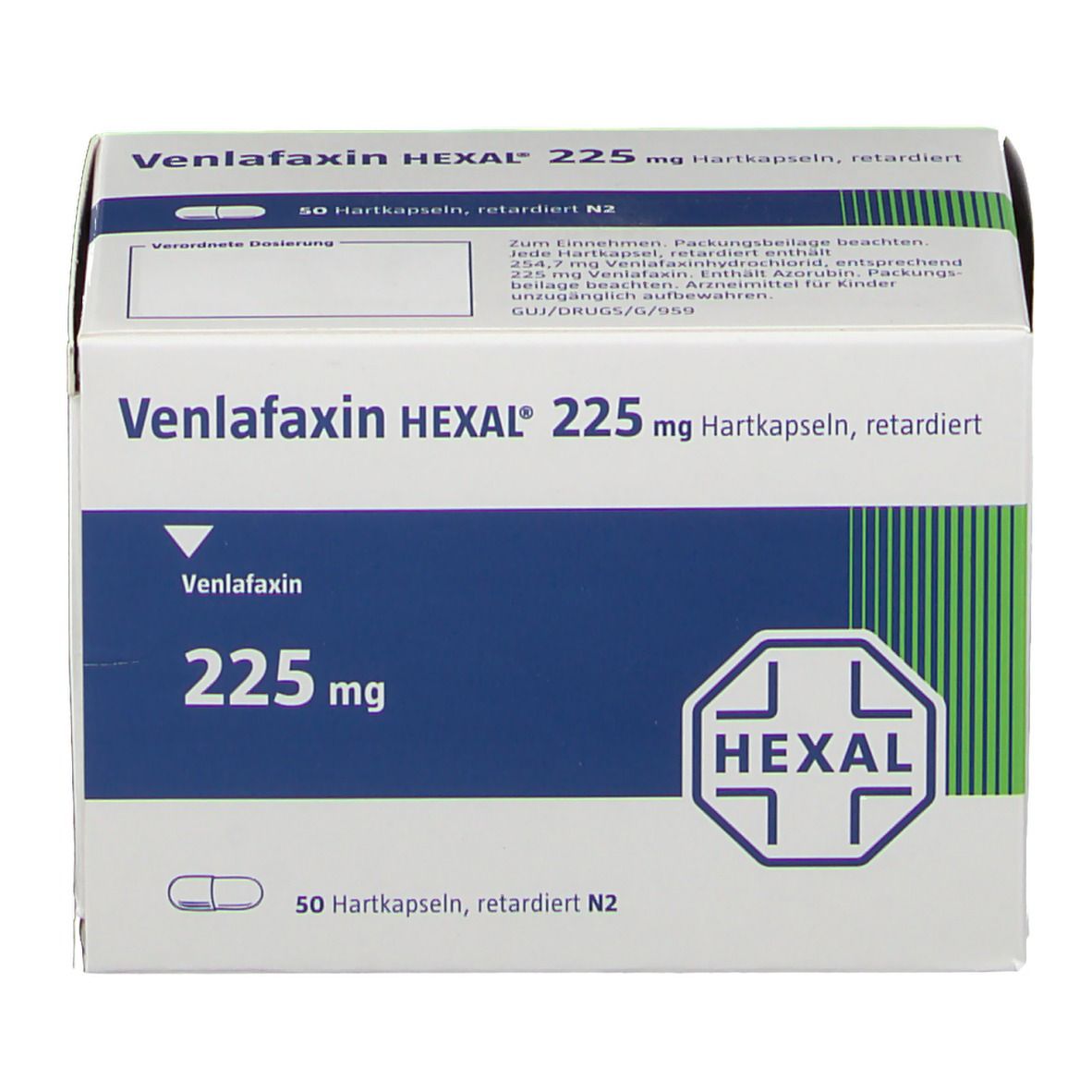 Schachtel Venlafaxin HEXAL 225 mg Hartkapseln retardiert. Vorderansicht mit Produktinformationen und HEXAL-Logo.