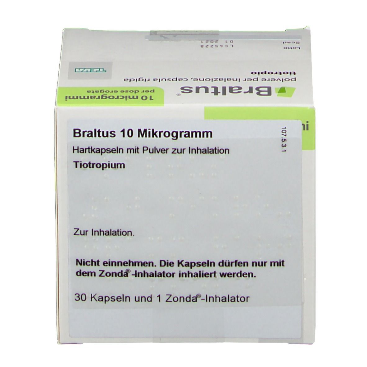 Weiße Schachtel mit grünen Akzenten. Aufschrift "Braltus 10 Mikrogramm". Text in Deutsch und Italienisch. Enthält Informationen zur Anwendung.