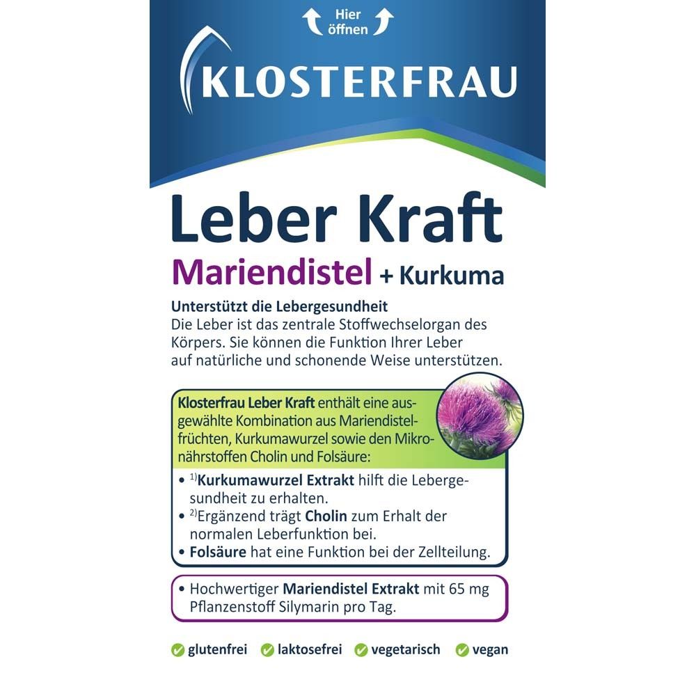 KLOSTERFRAU Leber Kraft. Text auf der Verpackung. Mariendistel + Kurkuma. Informationen zu Inhaltsstoffen und Wirkung.