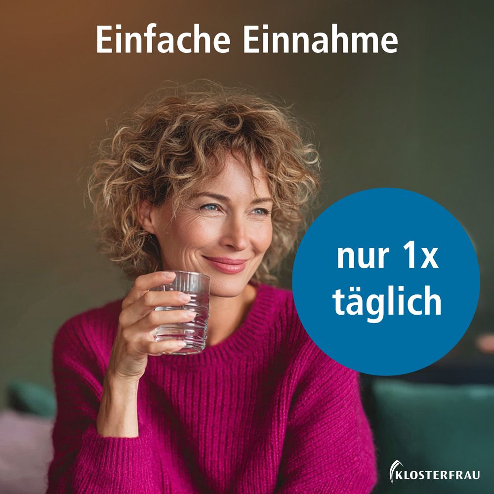 Eine Frau trinkt Wasser. Text: Einfache Einnahme, nur 1x täglich. KLOSTERFRAU Logo.