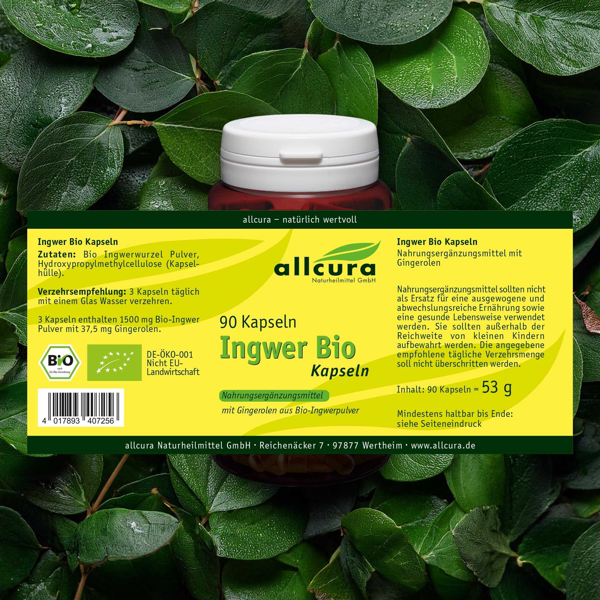 Etikett mit Text: Ingwer Bio Kapseln, 90 Kapseln, Zutaten, Nährwertangaben. Bio-Siegel. Marke: allcura.