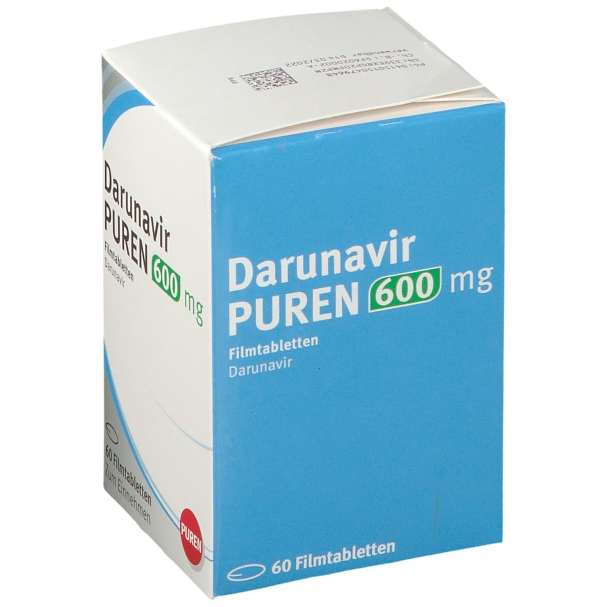 Darunavir PUREN 600 mg, Filmtabletten. Blaue Schachtel mit weißer Schrift. 60 Tabletten. PUREN Logo.
