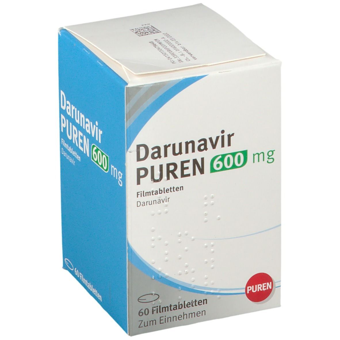 Darunavir PUREN 600 mg, Filmtabletten. Weiße Schachtel mit blauer Schrift. 60 Tabletten. PUREN Logo.