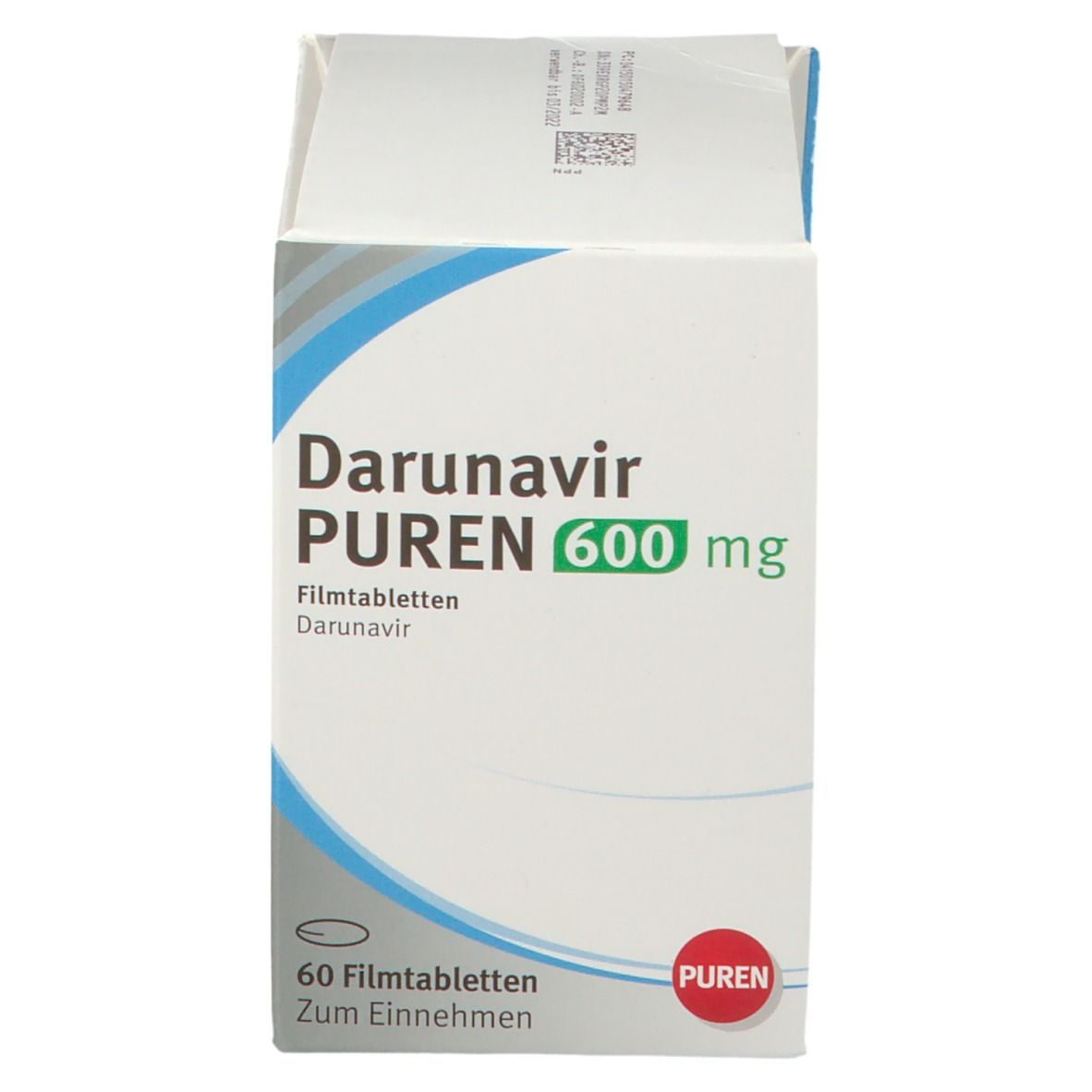 Darunavir PUREN 600 mg, Filmtabletten. Weiße Schachtel mit blauer Schrift. 60 Tabletten. PUREN Logo.